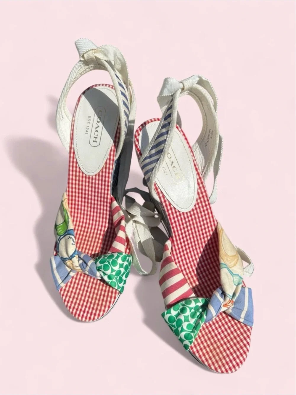 Coach Red Gingham & Multicolor Scarf-Knot Tie-Wrap Wedge Sandals